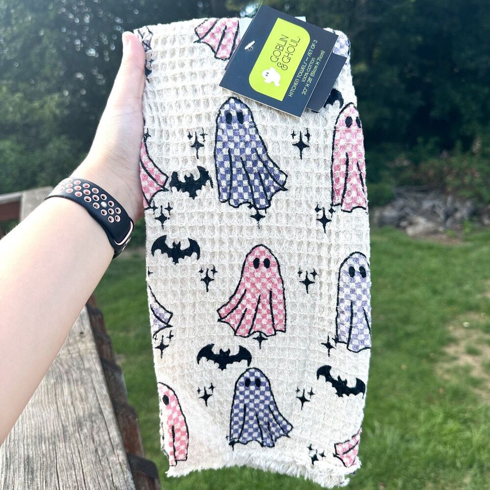 NEW SET OF 3 Goblin & Ghoul Halloween Hand Towels Pastel Ghosts Bats Checkers